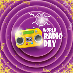 Obraz premium World radio day concept vector illustration with vintage old orange cassette stereo player isolated on grunge violet background. Radio day banner or poster