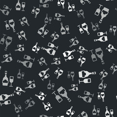 Grey Champagne bottle with glass icon isolated seamless pattern on black background. Vector