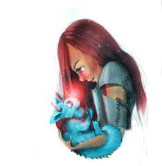 Cartoon illustration of a girl and a dragon