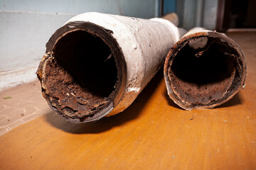 Two pieces of an old sewer pipe. Apartment in a multi-storey residential building in the city. Heavy pollution. Horizontal frame. Soft focus - obrazy, fototapety, plakaty