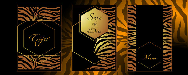 Wedding cards with decorative tiger stripes elements. Vector template for wedding cards. Wedding invitations