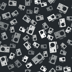 Grey Photo camera icon isolated seamless pattern on black background. Foto camera. Digital photography. Vector