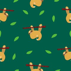 Seamless pattern of sloths hanging on tree branch and green leaves. Dark green background. Cartoon style. Cute and funny. Summer and spring. For wallpaper, textile, scrapbooking and wrapping paper