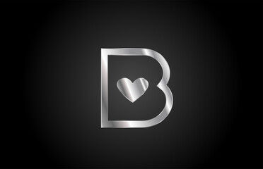 metal B love heart alphabet letter icon logo design. Creative template for business or company