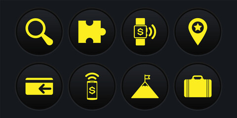 Set Cash back, Location with star, Contactless payment, Mountains and flag, and Piece of puzzle icon. Vector