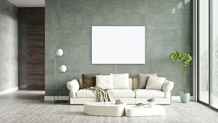 Fototapeta na wymiar Mock up poster frame in modern interior background, living room, Scandinavian style, 3D rendering