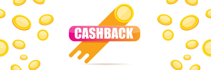 vector cash back horizontal banner design template with cash back icon and coins isolated on white background. cashback or money refund label horizontal banner
