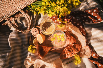 picnic concept glasses of wine bun outdoors on blanket