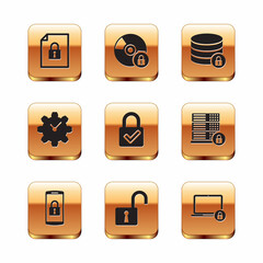 Set Document and lock, Smartphone with, Open padlock, Lock check mark, Time Management and Server security icon. Vector