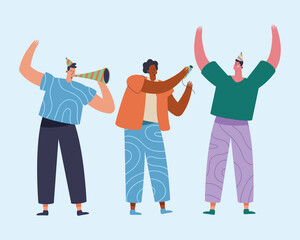 three men celebrating characters