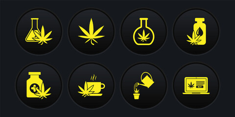 Set Medical bottle with marijuana, Marijuana or cannabis leaf oil, Cup tea, Watering, Test tube, Online buying and icon. Vector