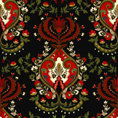 Seamless arabian wallpaper. Red and black ornament background. Indian ornamental wallpaper. Horizontal floral pattern. For decoupage, cover, fabric, textile. Floral ethnic ornament. Indian pattern - 486137672