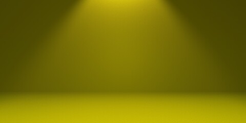 Noisy yellow empty background with studio spotlight on top in the form of a cone with darkened edges. 3d render