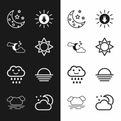 Set Sun, Cloud with moon and stars, Moon, Sunset, rain, and icon. Vector