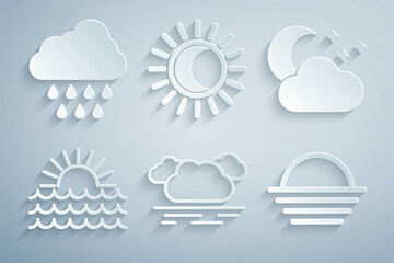 Set Cloud, with moon and stars, Sunset, Eclipse of the sun and rain icon. Vector
