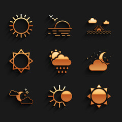 Set Cloud with rain and sun, Eclipse of the, Sun, moon stars, Sunset and icon. Vector