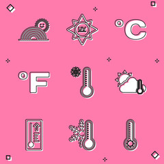 Set Rainbow with sun, UV protection, Celsius, Fahrenheit, Meteorology thermometer, Thermometer and cloud,, and snowflake icon. Vector