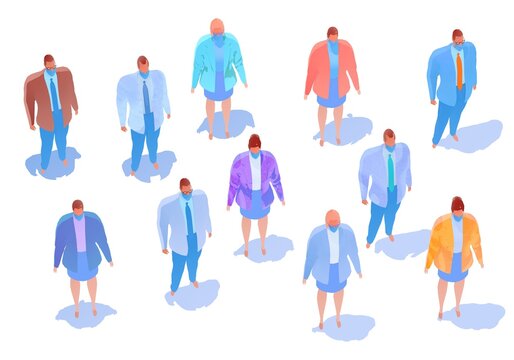 Illustration of many people on the street, patients, doctors and health personnel. Top view with shadow. 3d imitating style of flat colors and watercolor painting, on white background.