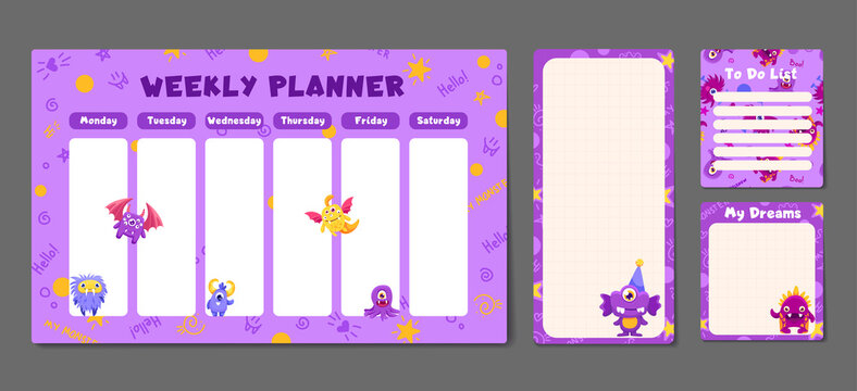 Cute set with funny monsters. Printable weekly or daily planner, note paper design, school timetable, scheduler and organizer template and to do list. Vector flat children illustration