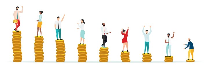 Economic inequalit. The gap between rich and poor.unfair income. White rich businessman standing on a tower of coins with a high salary with poor people black and white on low piles.Vector.