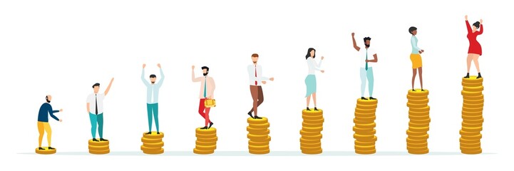 Economic inequalit. The gap between rich and poor.unfair income. White rich businessman standing on a tower of coins with a high salary with poor people black and white on low piles.Vector.