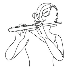 Silhouette of a beautiful woman with a flute in a modern continuous line style. Flute girl, slender. Continuous line drawing, decor aesthetic outline, posters, stickers, logo. Vector illustration. - obrazy, fototapety, plakaty