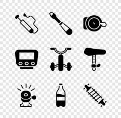 Set Bicycle air pump, Screwdriver, bell, Sport bottle with water, suspension, speedometer and for kids icon. Vector