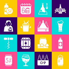 Set Beer can with foam, Plastic beer bottle, Glass of, Cold, bottles in ice bucket, Happy man, and Pack icon. Vector