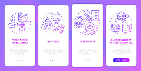 Content marketing trends purple gradient onboarding mobile app screen. Walkthrough 4 steps graphic instructions pages with linear concepts. UI, UX, GUI template. Myriad Pro-Bold, Regular fonts used