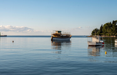 Anchored fishing boats in the port of Rovinj, Croatia, photographed in the morning