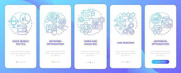 SEO marketing trends blue gradient onboarding mobile app screen. Tools walkthrough 5 steps graphic instructions pages with linear concepts. UI, UX, GUI template. Myriad Pro-Bold, Regular fonts used