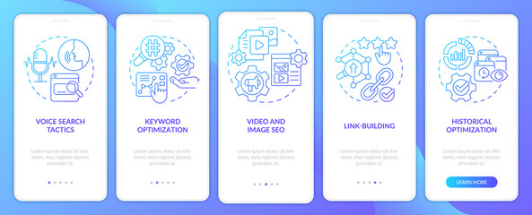 Naklejka premium SEO marketing trends blue gradient onboarding mobile app screen. Tools walkthrough 5 steps graphic instructions pages with linear concepts. UI, UX, GUI template. Myriad Pro-Bold, Regular fonts used
