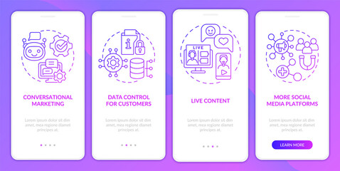 Fototapeta premium Modern marketing trends purple gradient onboarding mobile app screen. Walkthrough 4 steps graphic instructions pages with linear concepts. UI, UX, GUI template. Myriad Pro-Bold, Regular fonts used