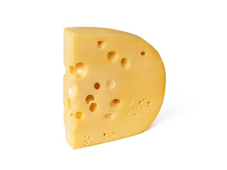 Maasdam cheese with large holes on a white background