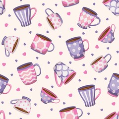 Seamless pattern with different cups of coffee or tea. Vector illustration.
