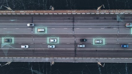 Self driving autonomous cars speeding through the bridge with technology scanning their speed. Artificial intelligence traffic surveillance system to provide safe driving avoid traffic jams