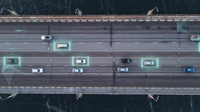 Self driving autonomous cars speeding through the bridge with technology scanning their speed. Artificial intelligence traffic surveillance system to provide safe driving avoid traffic jams