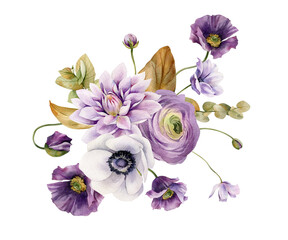 Watercolor flowers garden bouquet. Hand painted botanical illustration with purple flowers and foliage isolated on white background. Floral composition for you design