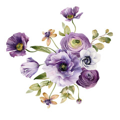 Watercolor flowers garden bouquet. Hand painted botanical illustration with purple flowers and foliage isolated on white background. Floral composition for you design
