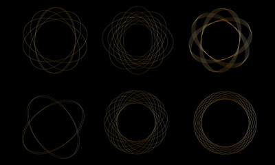 Golden spirograph set. Set of abstract curved, twisted figures. Collection of geometric ornaments isolated on the backgound. Spiral wavy lines on the black background with golden gradient. 