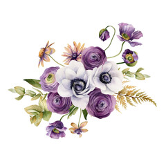 Watercolor flowers garden bouquet. Hand painted botanical illustration with purple flowers and foliage isolated on white background. Floral composition for you design