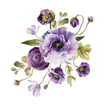 Watercolor flowers garden bouquet. Hand painted botanical illustration with purple flowers and foliage isolated on white background. Floral composition for you design
