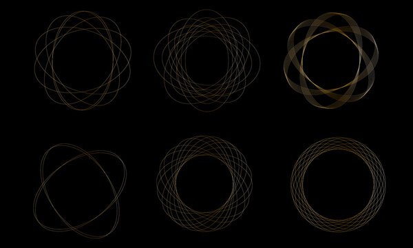 Golden spirograph set. Set of abstract curved, twisted figures. Collection of geometric ornaments isolated on the backgound. Spiral wavy lines on the black background with golden gradient. 