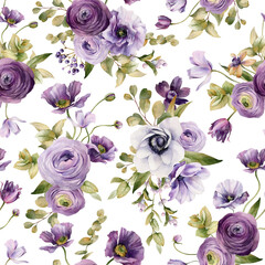 Seamless pattern with violet flowers and fresh foliage. Repeating background with elements of watercolor flowers and leaves isolated on white background. Garden style texture for paper or textile