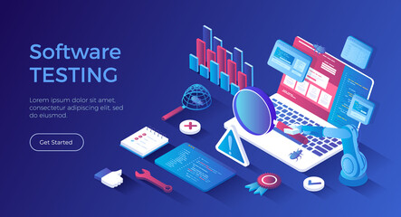 Software Testing. Process evaluation software application or website. Computer code analysis. Identification and removal of defects, bugs, errors. Isometric landing page. Vector web banner. © vectorhot