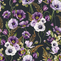 Seamless pattern with purple flowers. Repeating background with elements of watercolor poppy flowers, ranunculus, anemones, fern leaves. Garden style texture for paper or textile