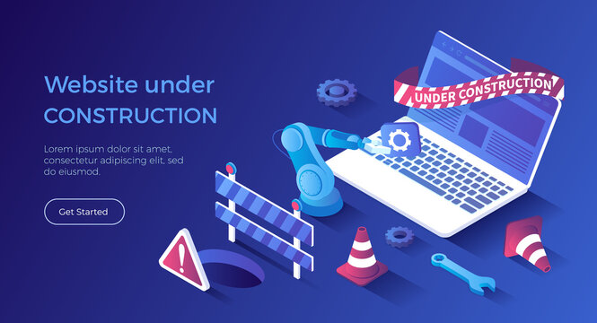 Website Under Construction. Updates changes and fixing on the site. Maintenance page or 404 error. Isometric landing page. Vector web banner.