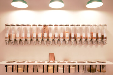 dispenser for nuts, vegetables and rice in a store or market Sale of bulk products by weight in an...