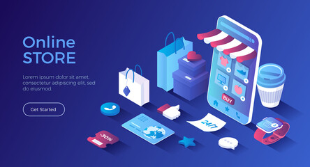 Online Store Shop. Mobile application. Internet shopping, e-commerce, 24 hour service. Online ordering of groceries, clothing, electronic devices, medicines. Isometric landing page. Vector web banner.