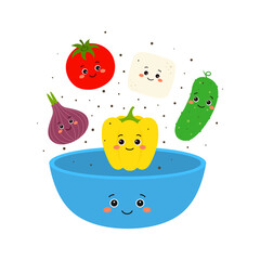 cartoon vegetables characters in salad bowl isolated on white